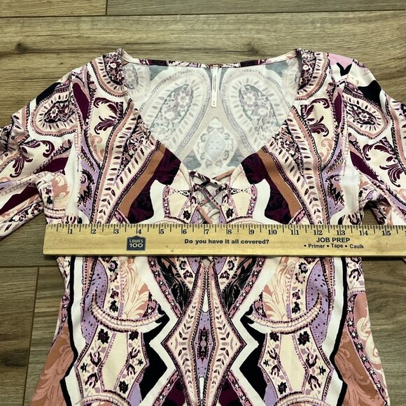 Women's Free People Pick A Place Bodysuit SZ Medium Purple Multi Print Lace Up - Picture 6 of 12